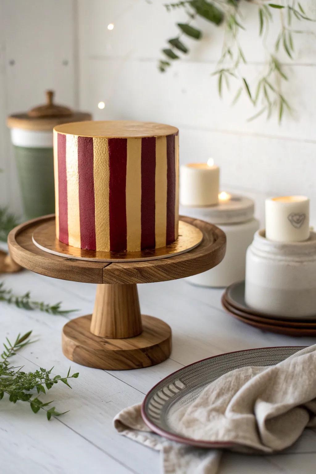 Bold stripes of burgundy and gold make this cake a striking centerpiece! #BoldDesign #ModernCake