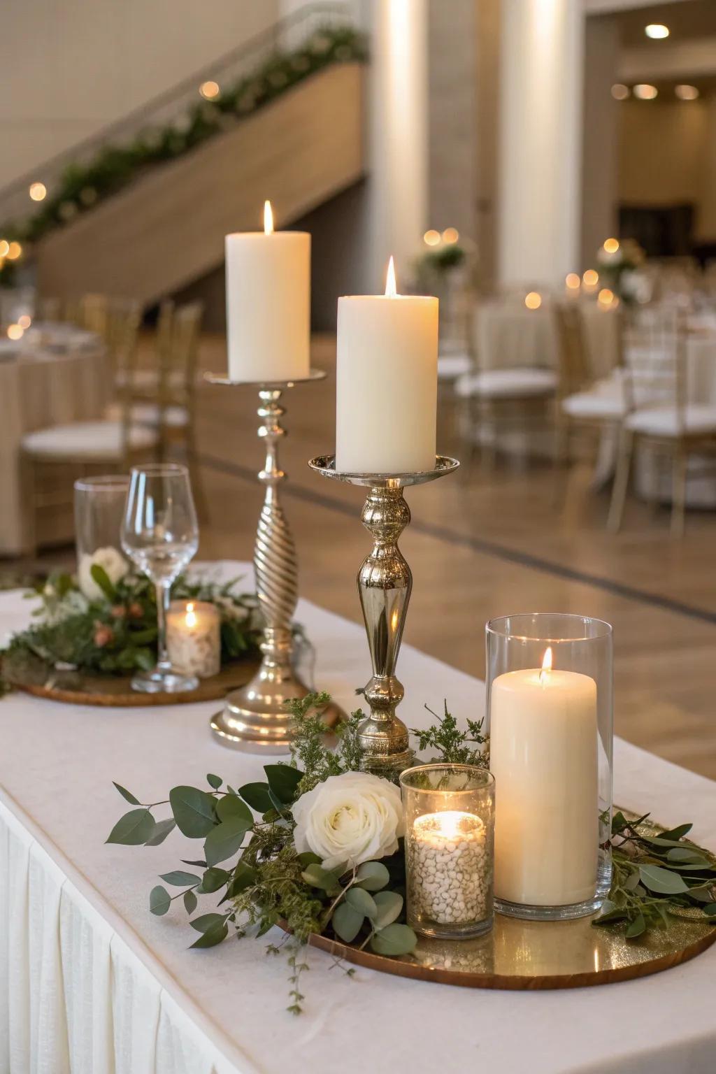 Embrace minimalist elegance with a streamlined candle setup for a modern wedding.