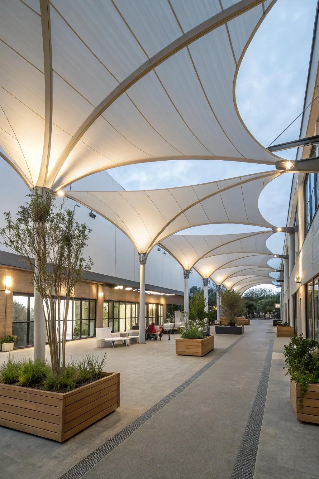 Introduce elegance with tensile fabric that offers shade and a sculptural touch.
