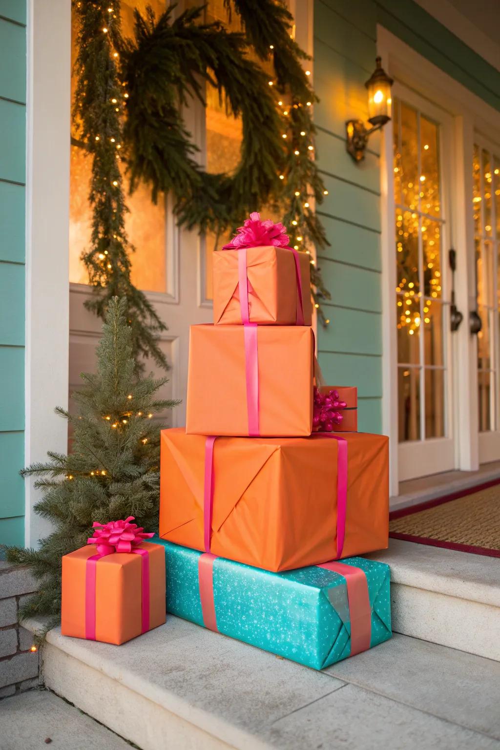 Wrapped gifts in the entryway add festive anticipation and charm.