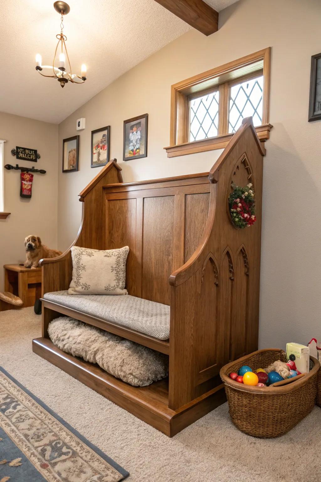 Pamper your pets with a designated nook featuring a church pew, combining style and comfort.