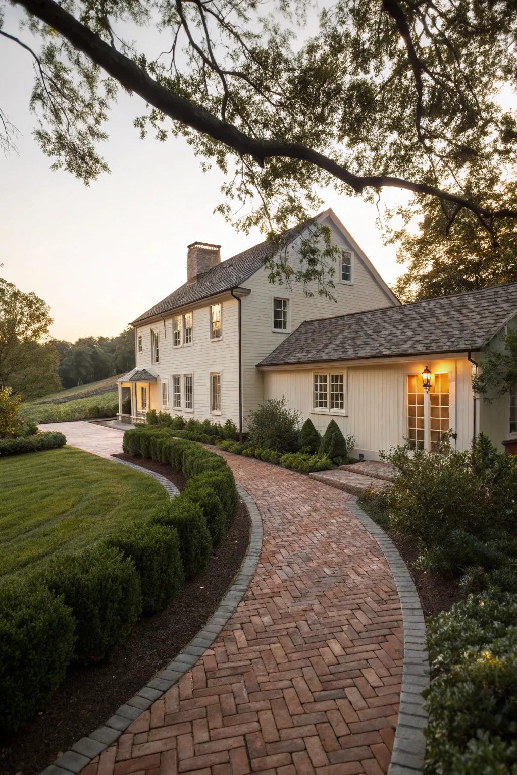Guide guests with a brick pathway that complements the elegance of your colonial home.
