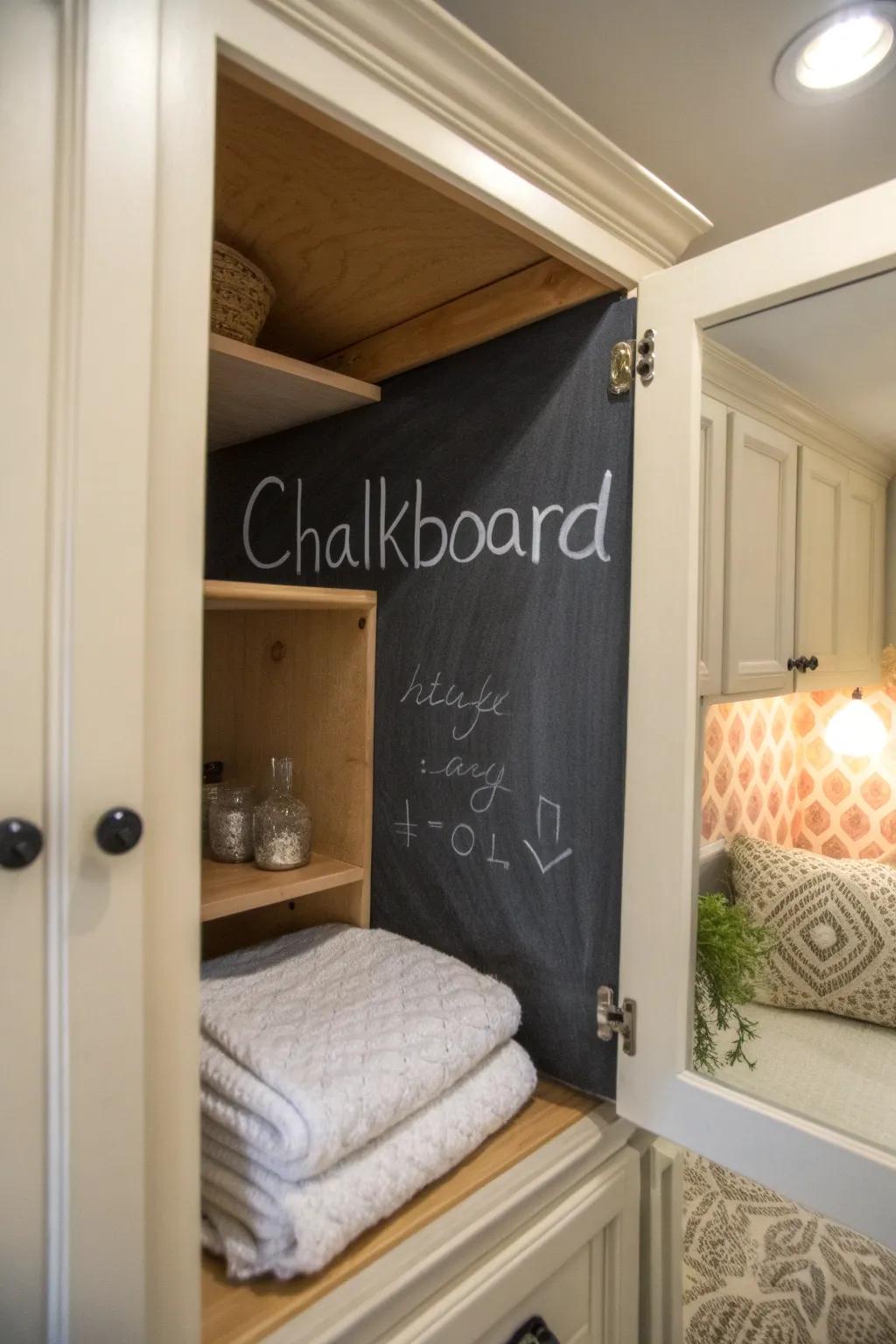 Transform your cabinet door into a chalkboard for notes and lists. 📝 #ChalkboardFun #KitchenIdeas