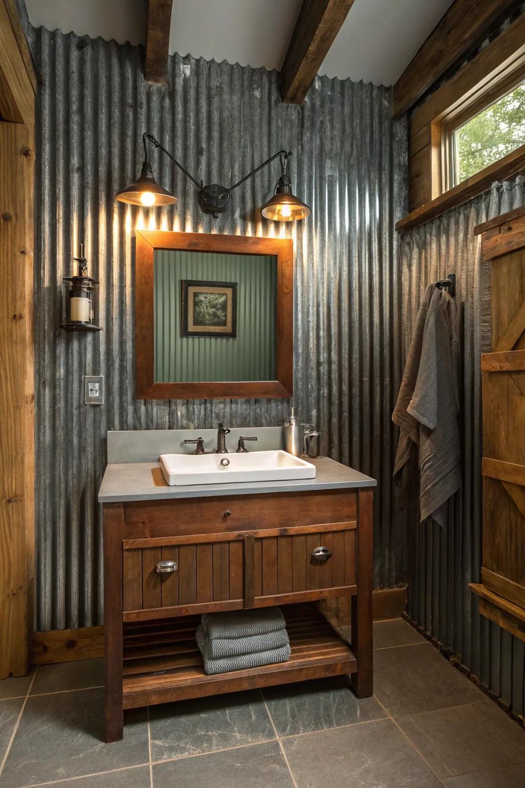 Add vintage charm to your bathroom with weathered corrugated metal.