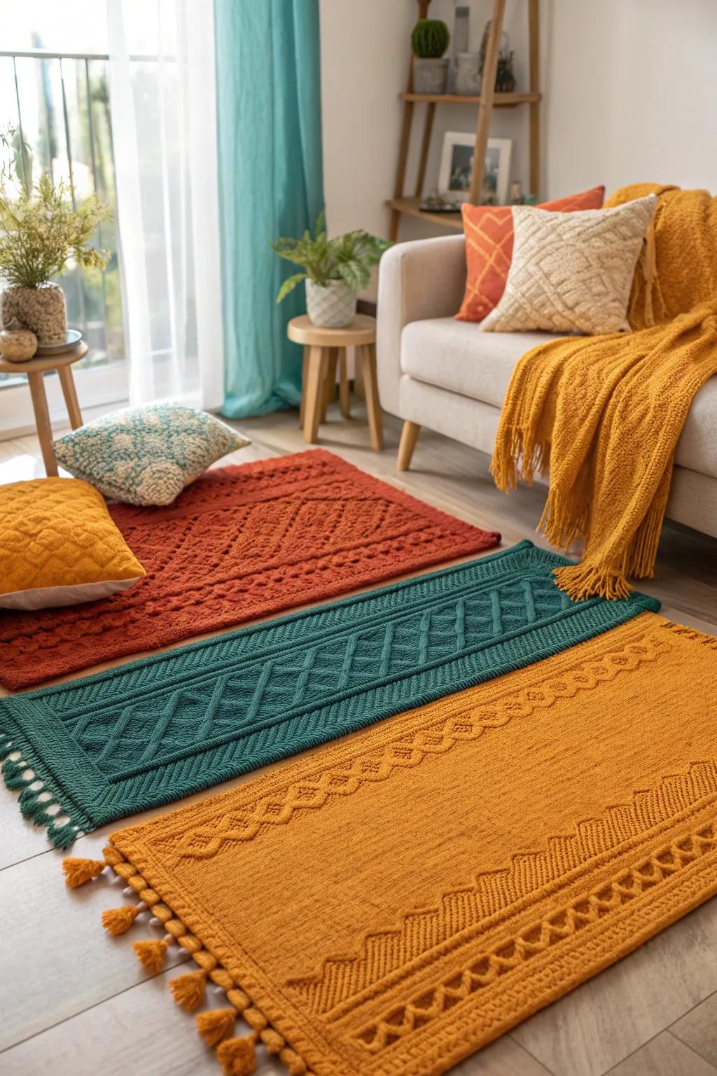 Layered rugs create comfort underfoot and visual interest.