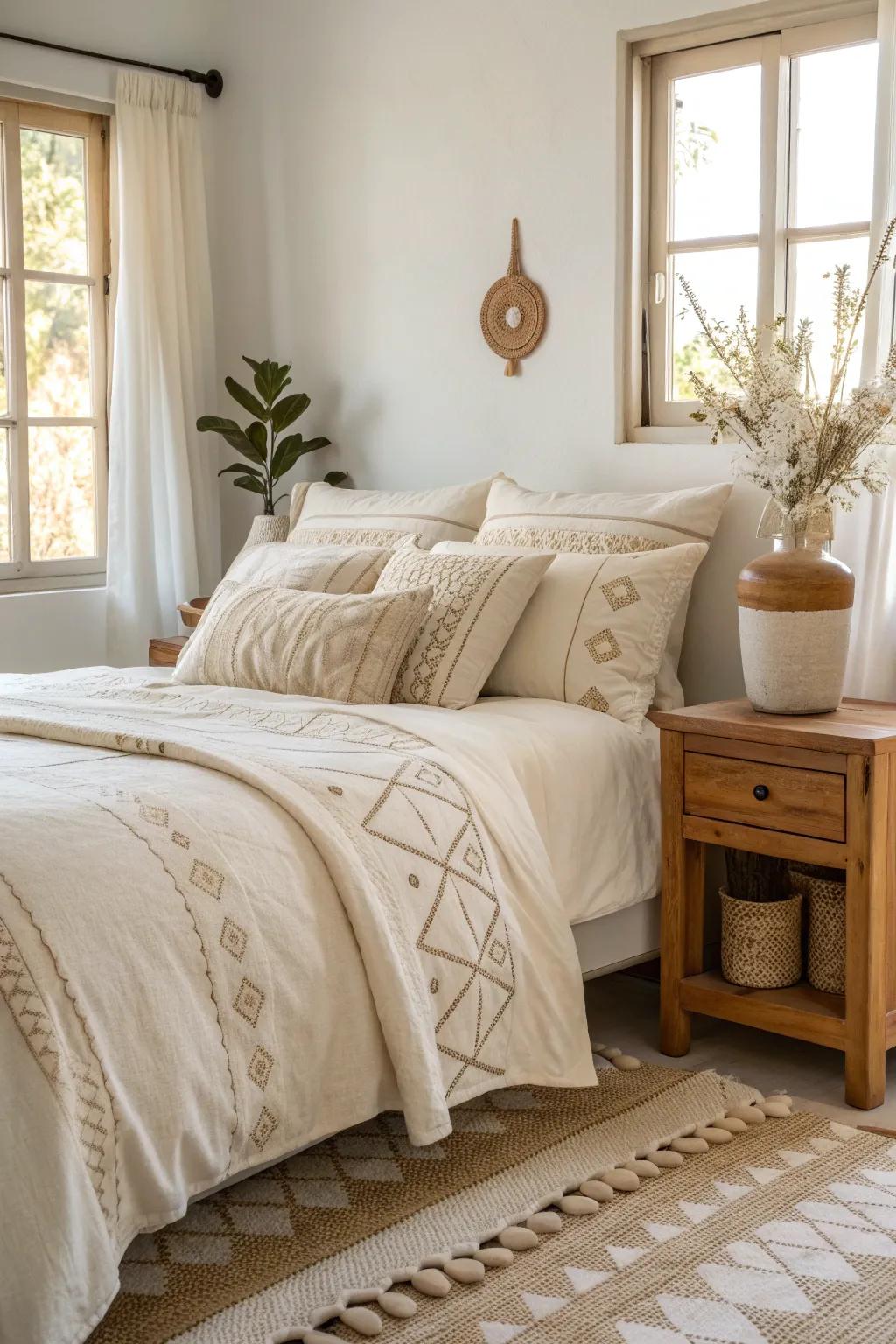 Geometric patterns bring a modern edge to the soothing palette of cream.