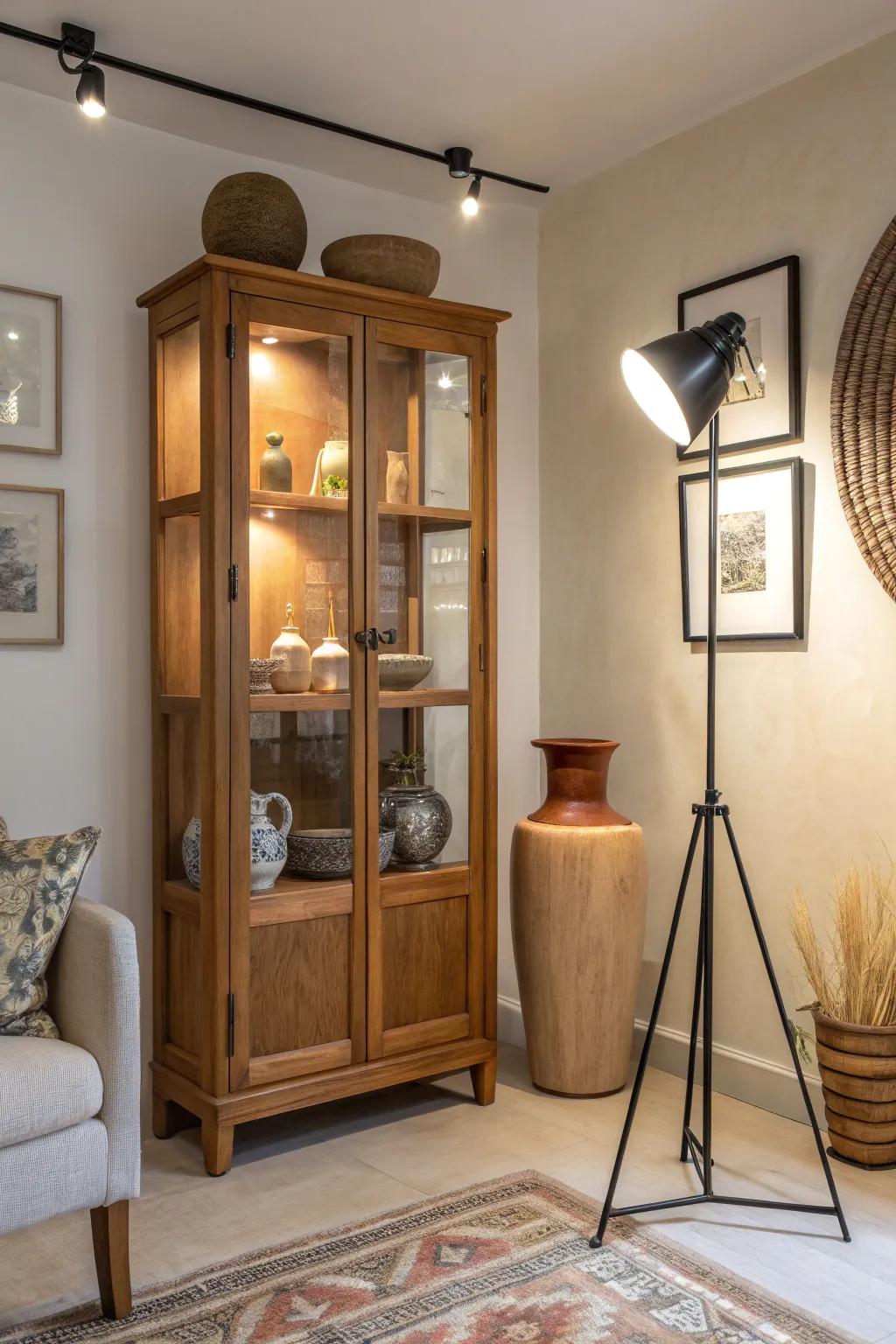 Spotlights add gallery-like sophistication to your curio cabinet display.
