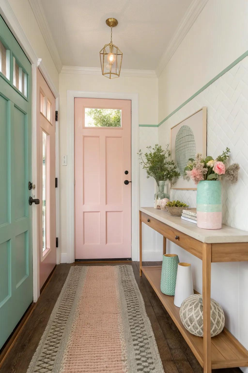Pastels offer a gentle welcome, creating a soothing entryway. #PastelColors #SoftInteriors #HomeWelcome