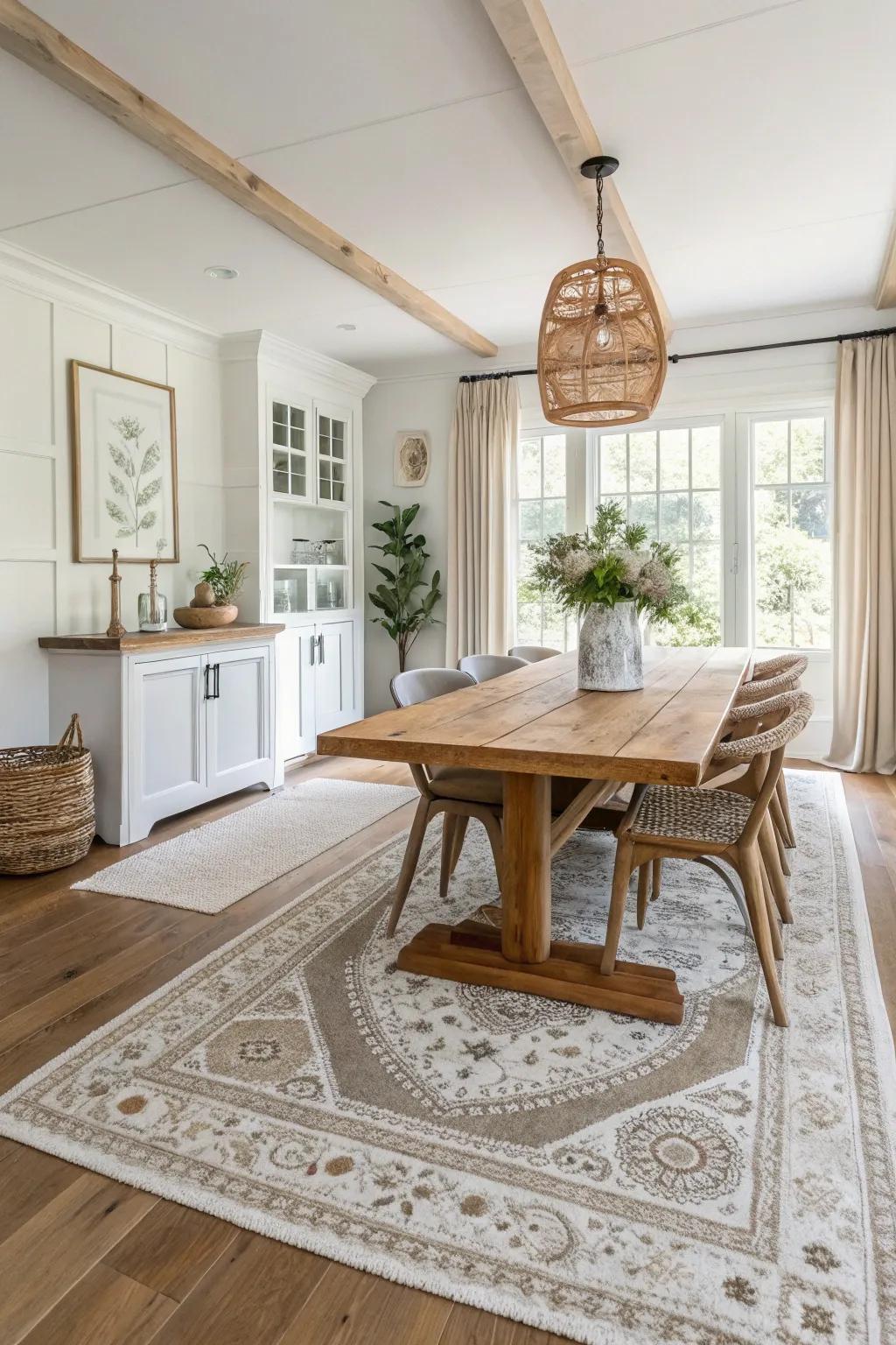 Faded medallion patterns bring subtle elegance to your dining room, enhancing its timeless charm.