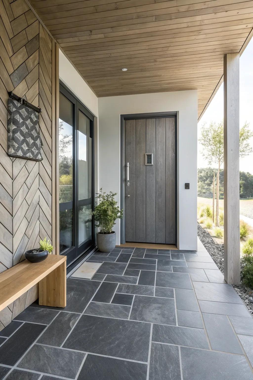 Monochrome tiles add a sleek, modern touch, perfect for minimalist charm. ⚪️⚫️ #MonochromeStyle #ModernEntry