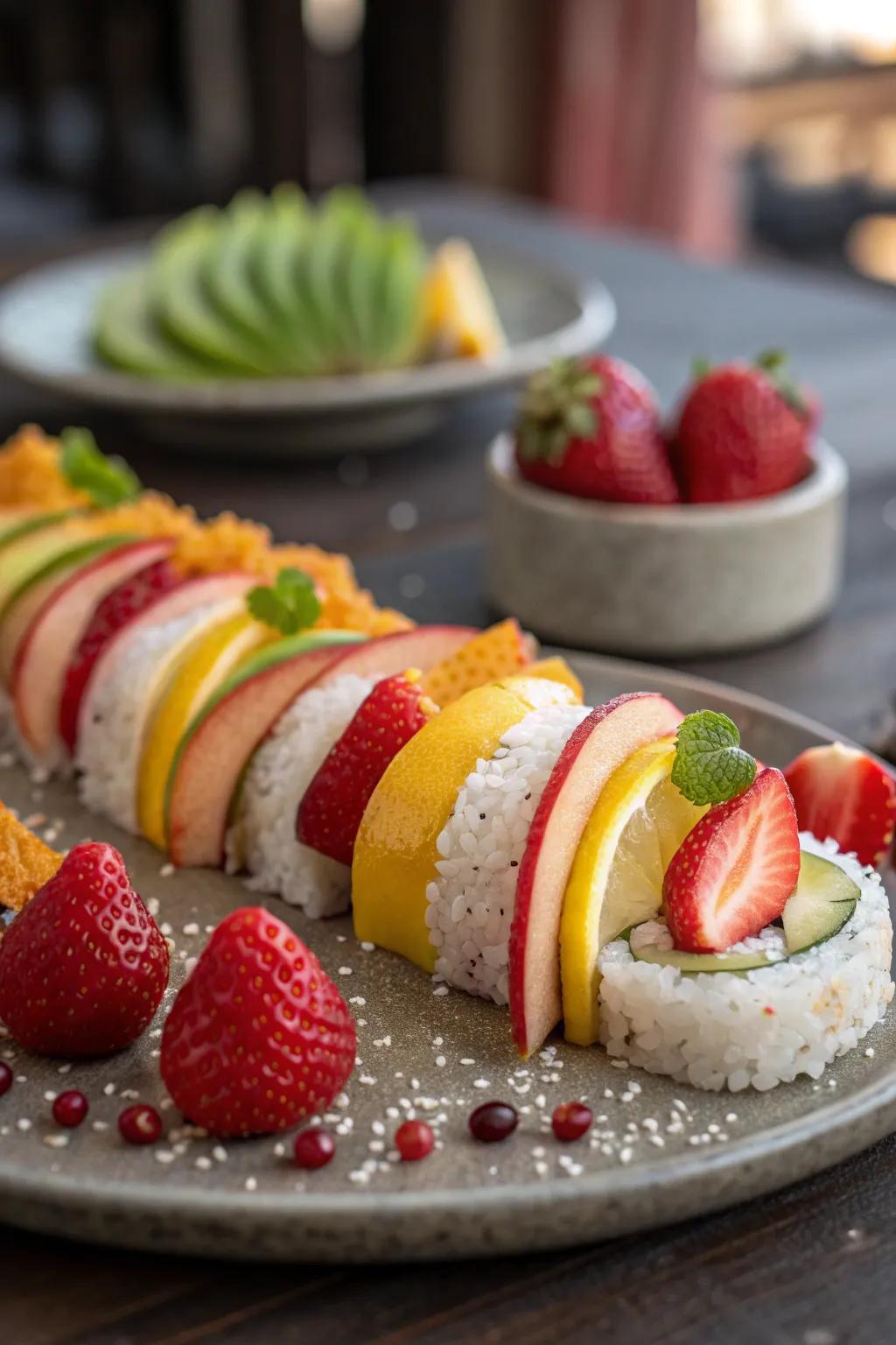 Surprise your guests with fruit sushi, a creative and sophisticated twist on traditional fruit trays.