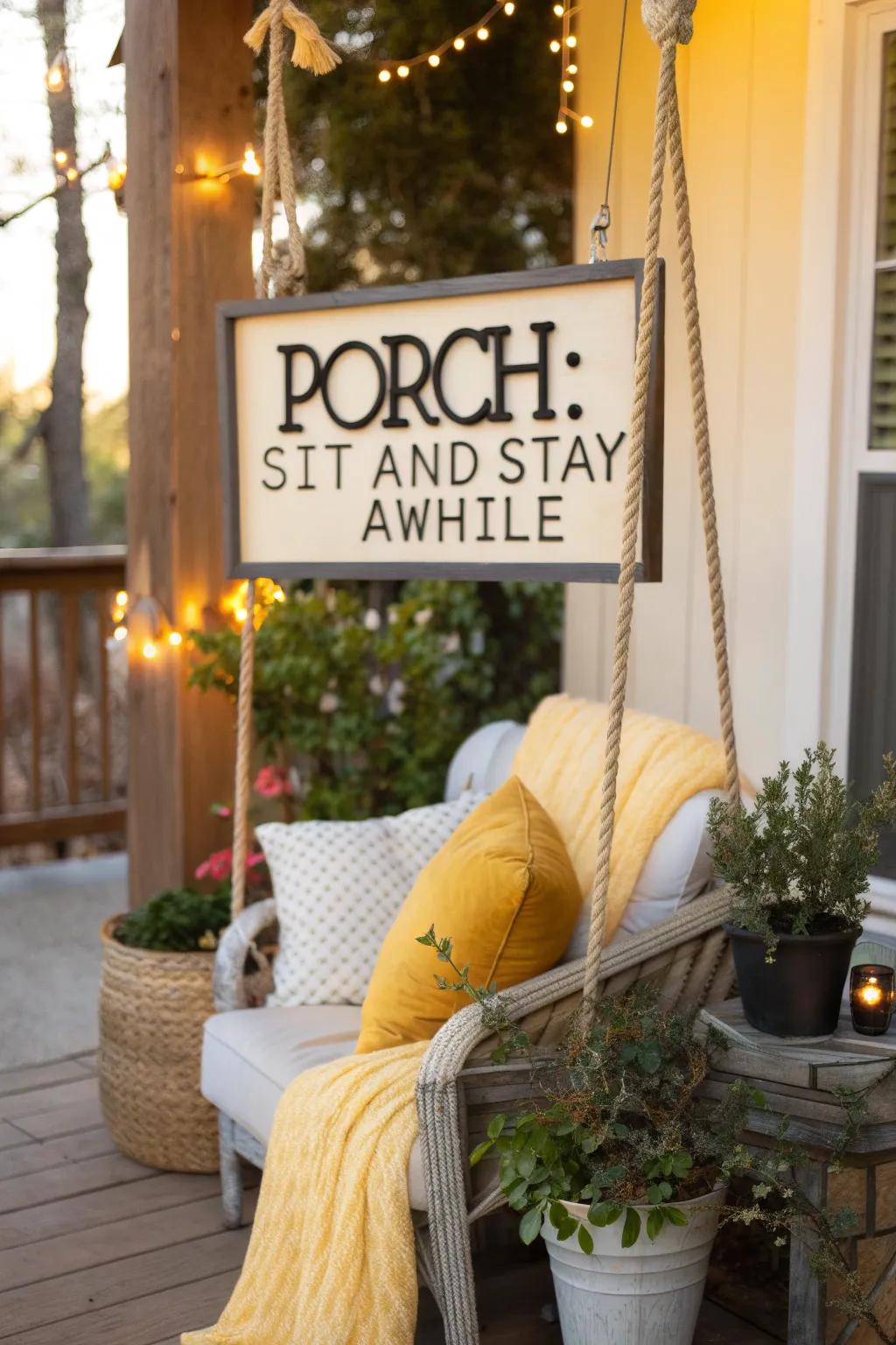 Create an inviting atmosphere with porch signs that encourage relaxation and conversation.