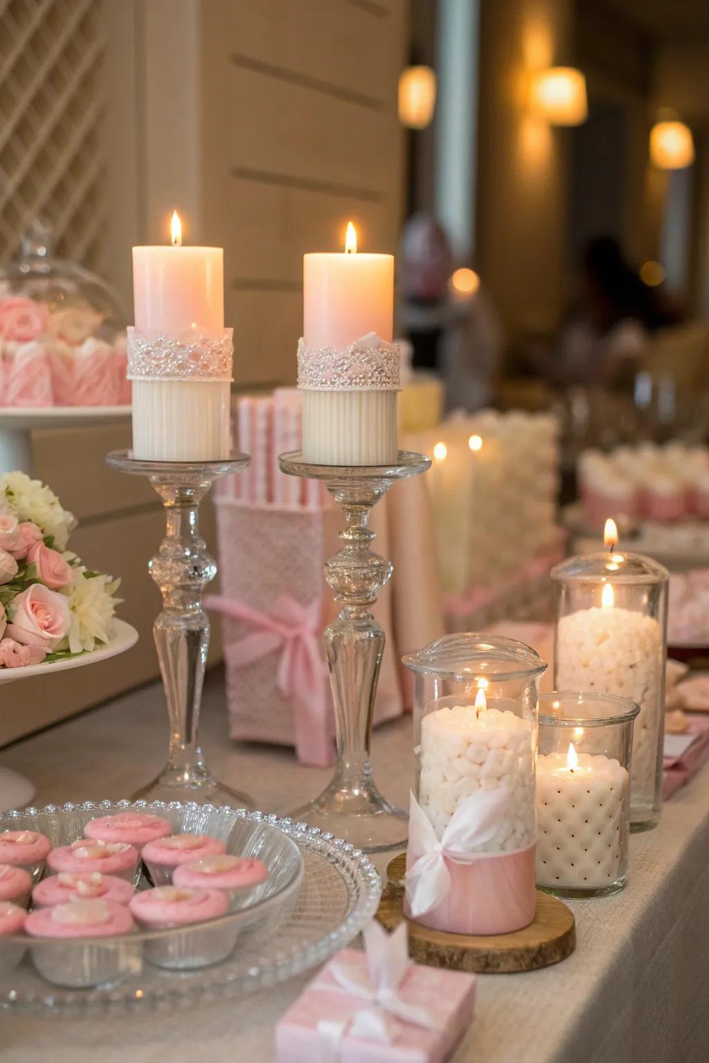 Candles add a touch of warmth and coziness, enhancing the ambiance of your candy table.