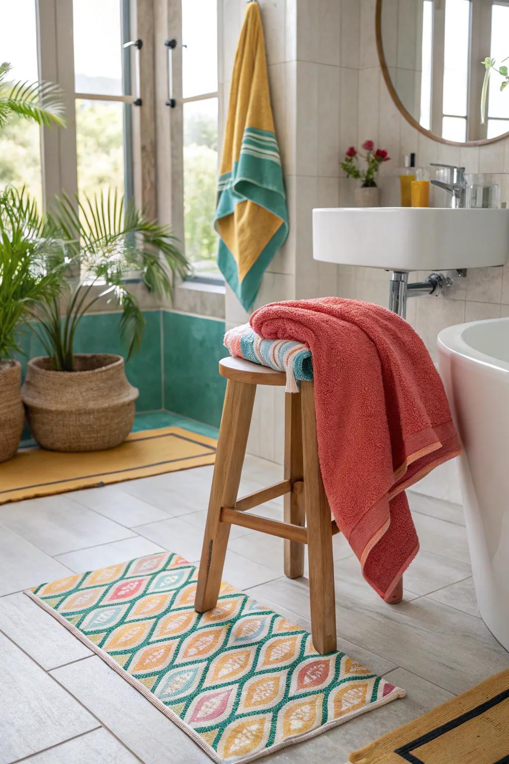 Stools offer a casual, bohemian way to hang towels with character.
