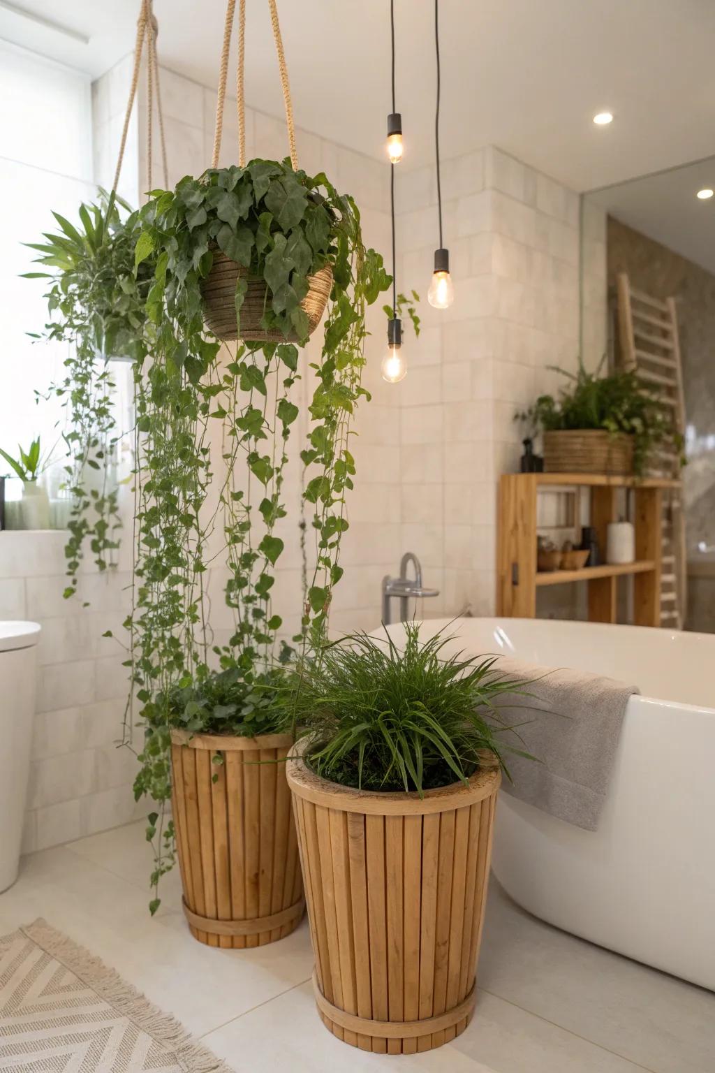 Highlight your greenery with accent lighting for an inviting bathroom ambiance. 💡🌿 #AccentLighting #CozyHome