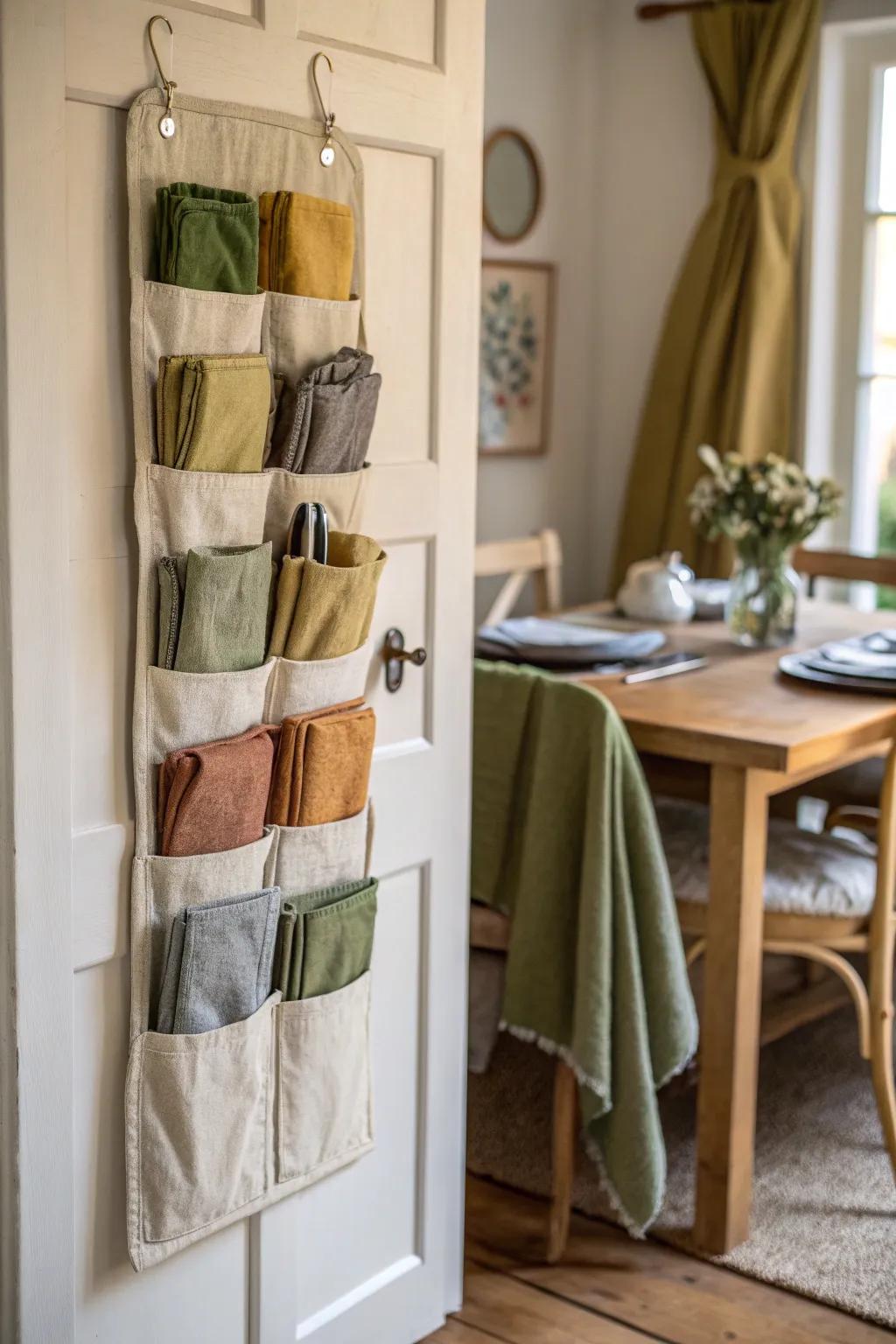 Maximize space with a shoe organizer turned napkin holder, perfect for small apartments.