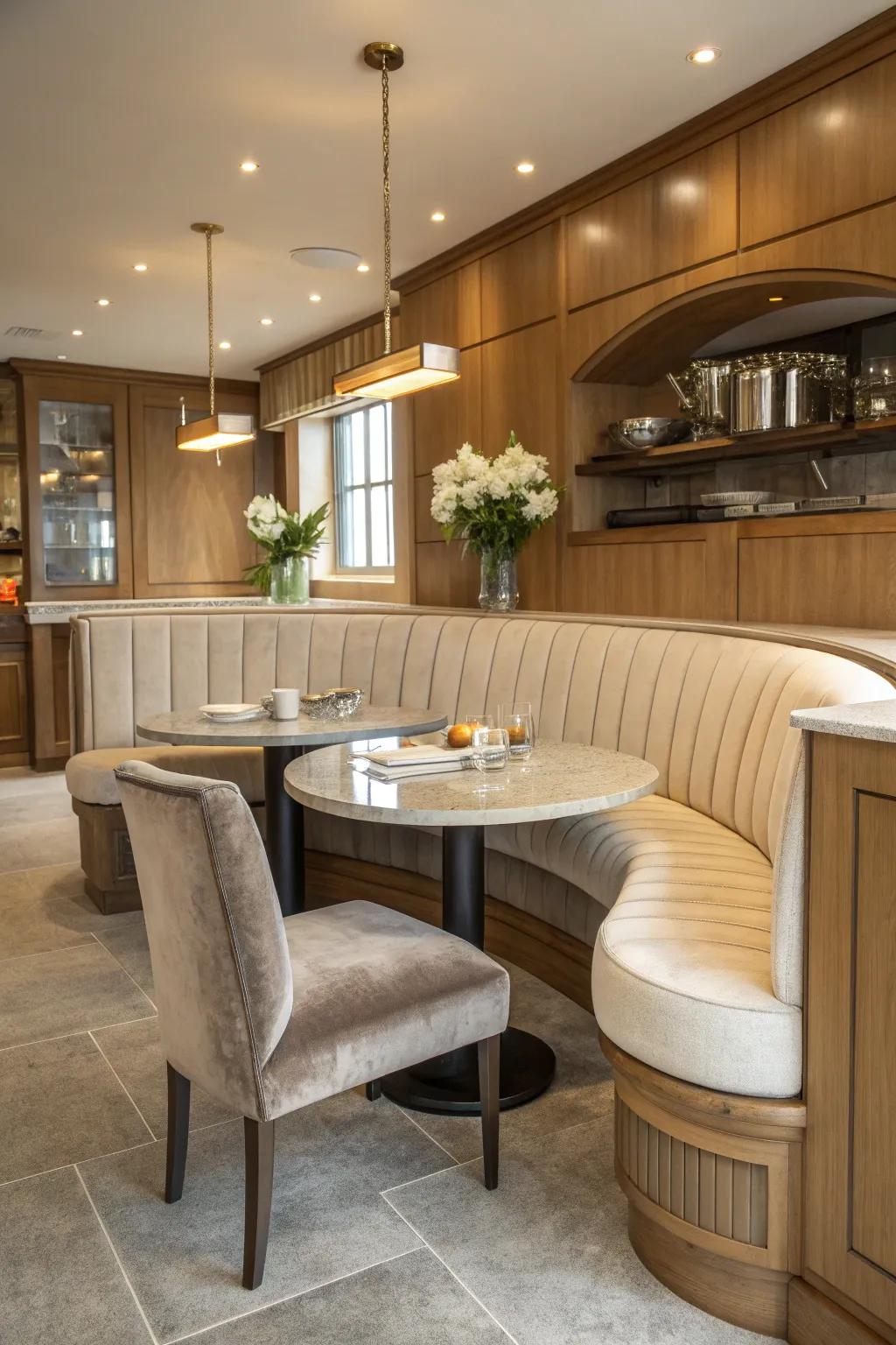 Curved lines add softness and elegance to kitchen booths.