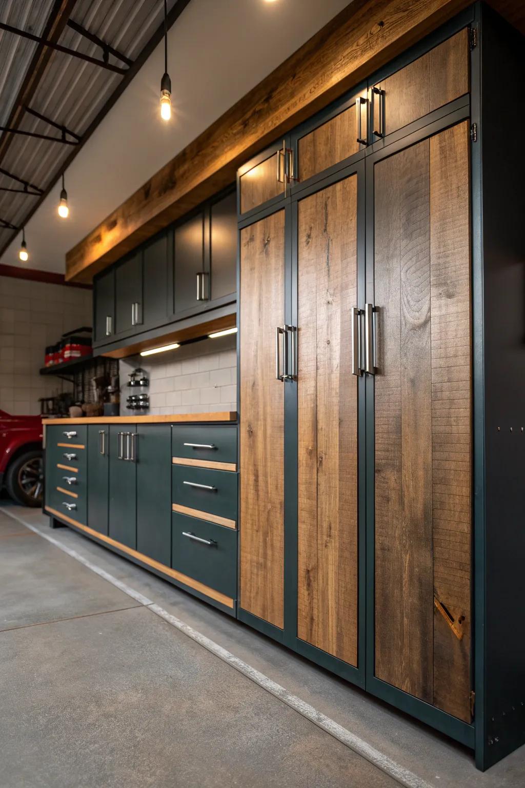 Achieve an industrial-chic vibe with mixed-material cabinets in your garage. #IndustrialChic #GarageDesign