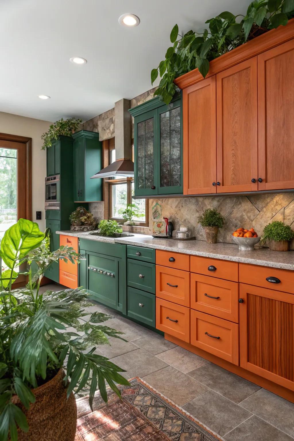 Enhance your kitchen's natural vibe by blending knotty pine with stone and greenery.