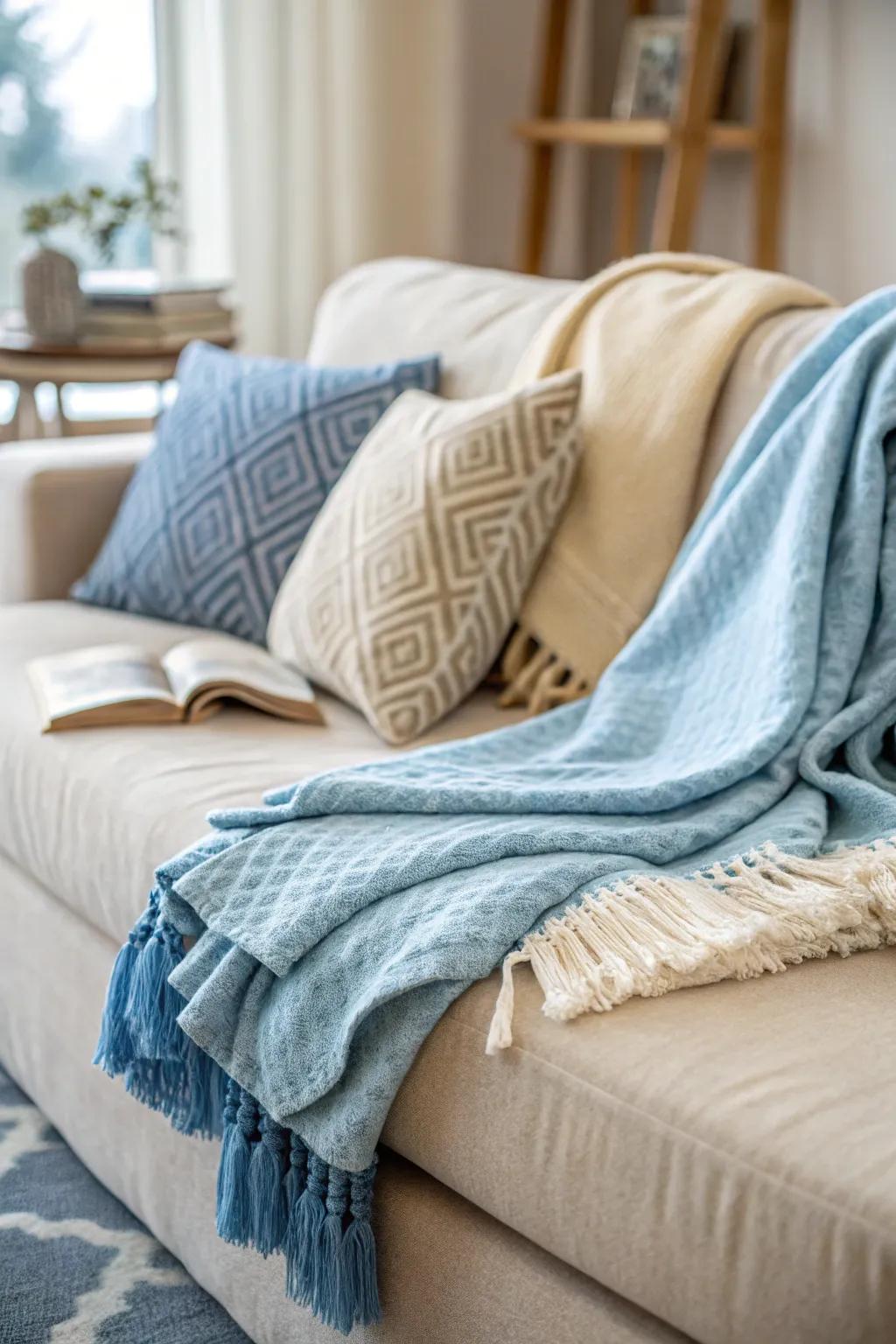 Cozy up with layered blue and neutral throws. #CozyHome #LayeredDecor