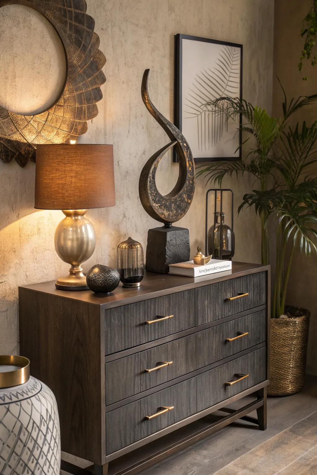 Sculptural art adds a unique and artistic flair to your dresser decor. 🎨 #ArtisticTouch #HomeDecor