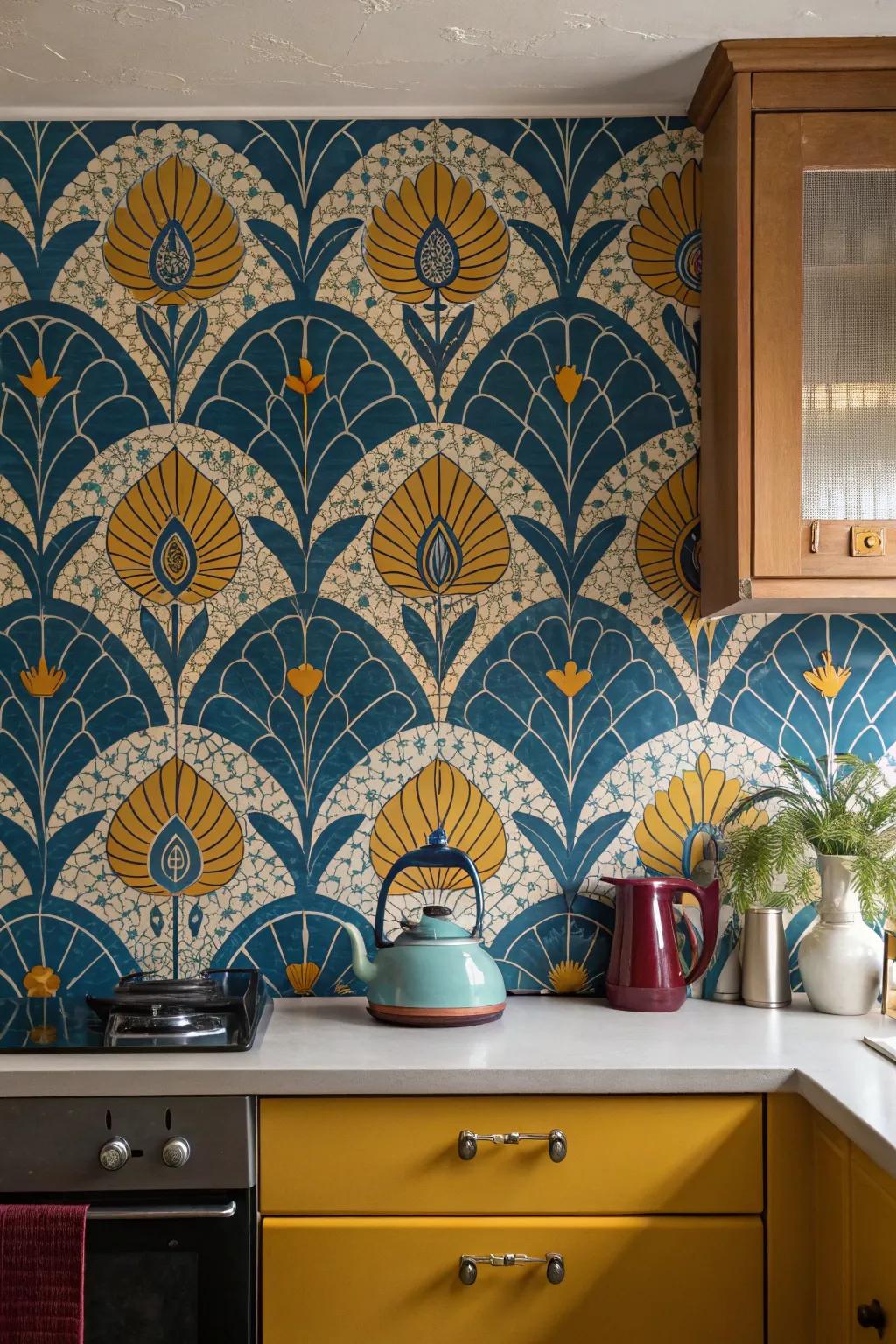 Transform your kitchen with a bold wallpaper backsplash that becomes an artistic focal point. 🎨 #KitchenArt #HomeDecor #InteriorInspiration