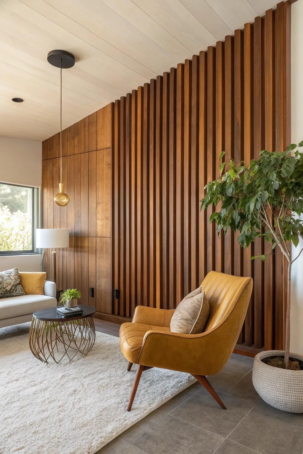 Add elegance and height with vertical wood slats that redefine your space. 🌿 #WoodSlats #InteriorElegance