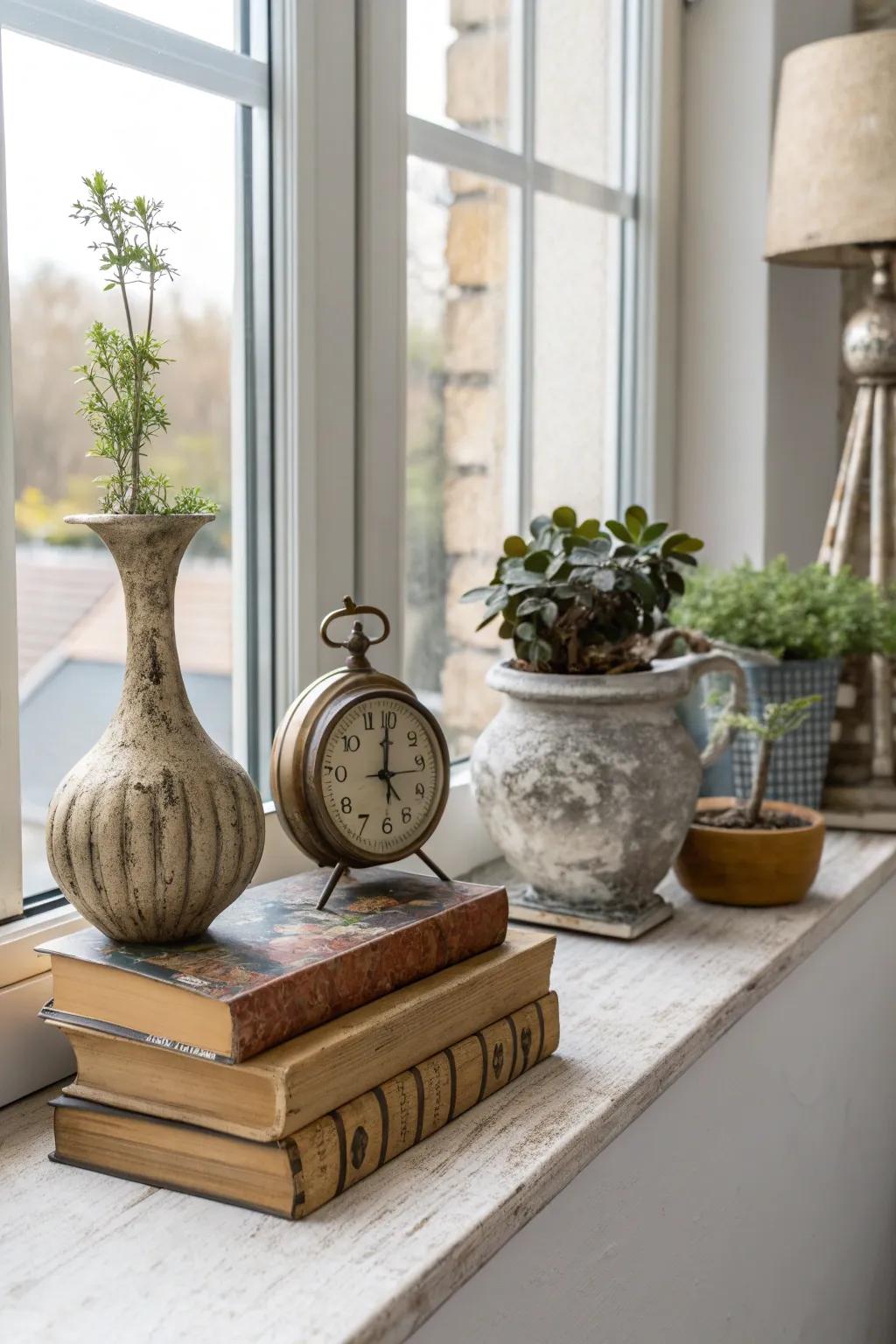 Create a timeless look by mixing vintage finds with modern decor on your window sill.