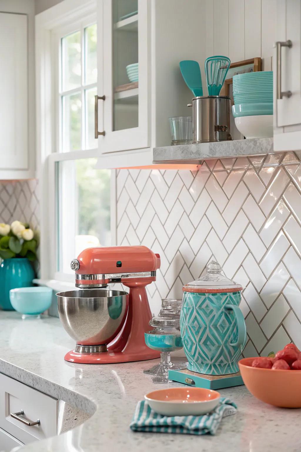 Chevron patterns in neutral tones add dynamic energy to a calm and sophisticated kitchen.