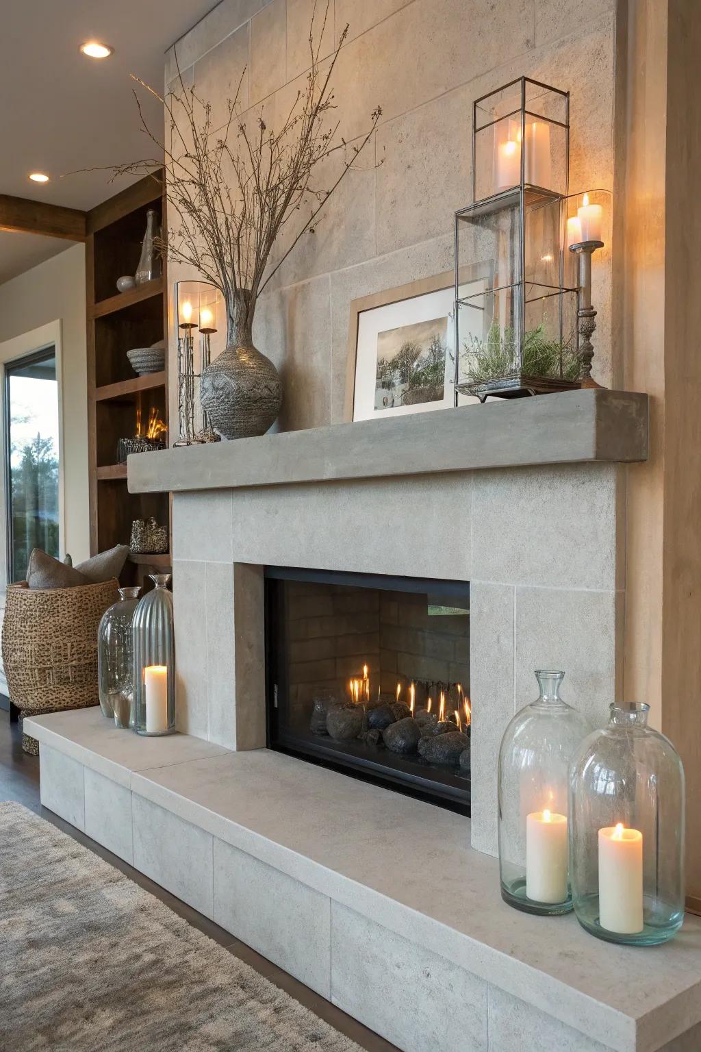 Concrete and glass mantels offer a sleek, minimalist aesthetic.