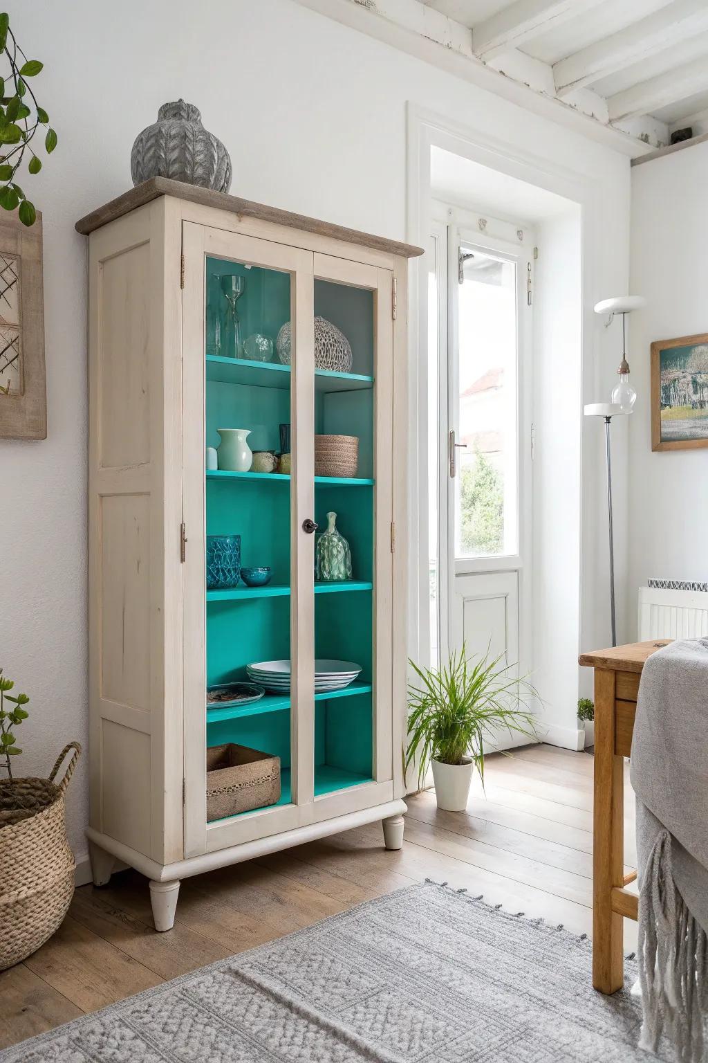 A pop of color inside your cabinet adds a playful surprise to any space.