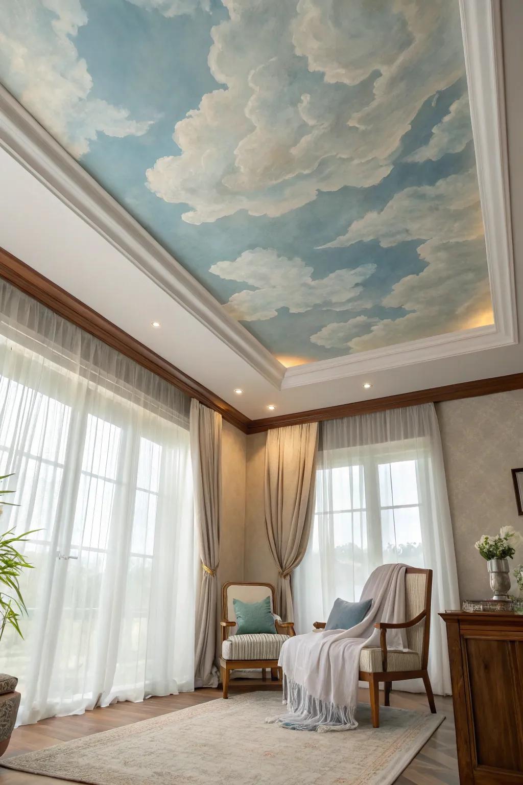 Bring the serenity of the sky indoors with a cloud-inspired ceiling, creating a peaceful haven.