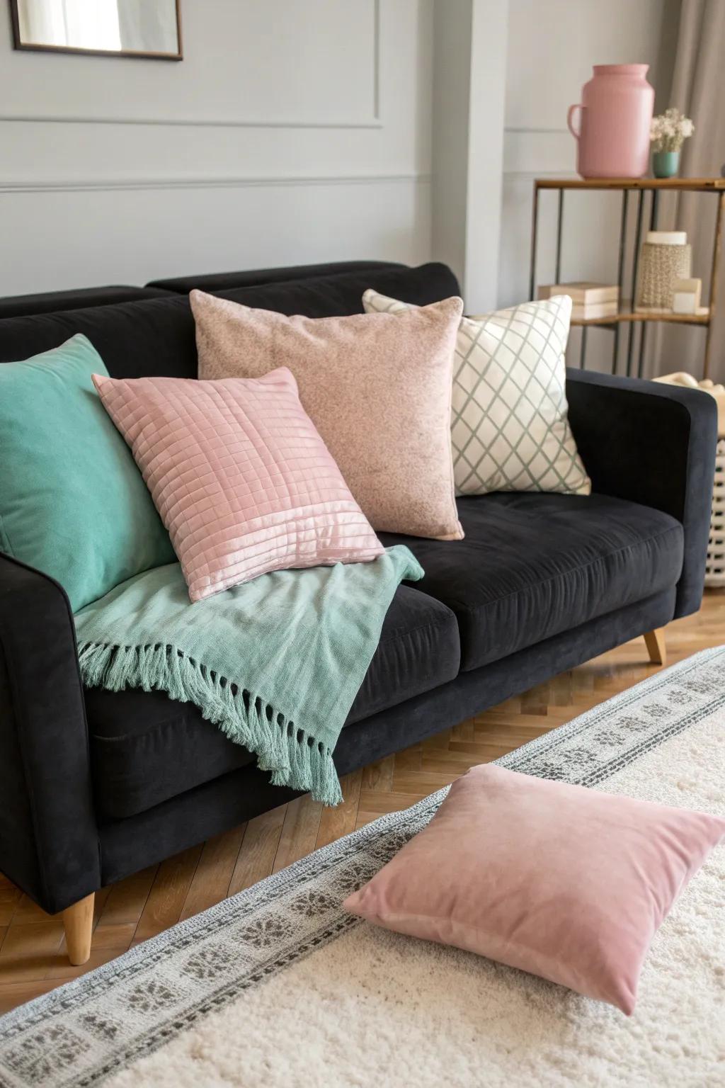 Soften your space with pastel pillows that bring a touch of gentle elegance.