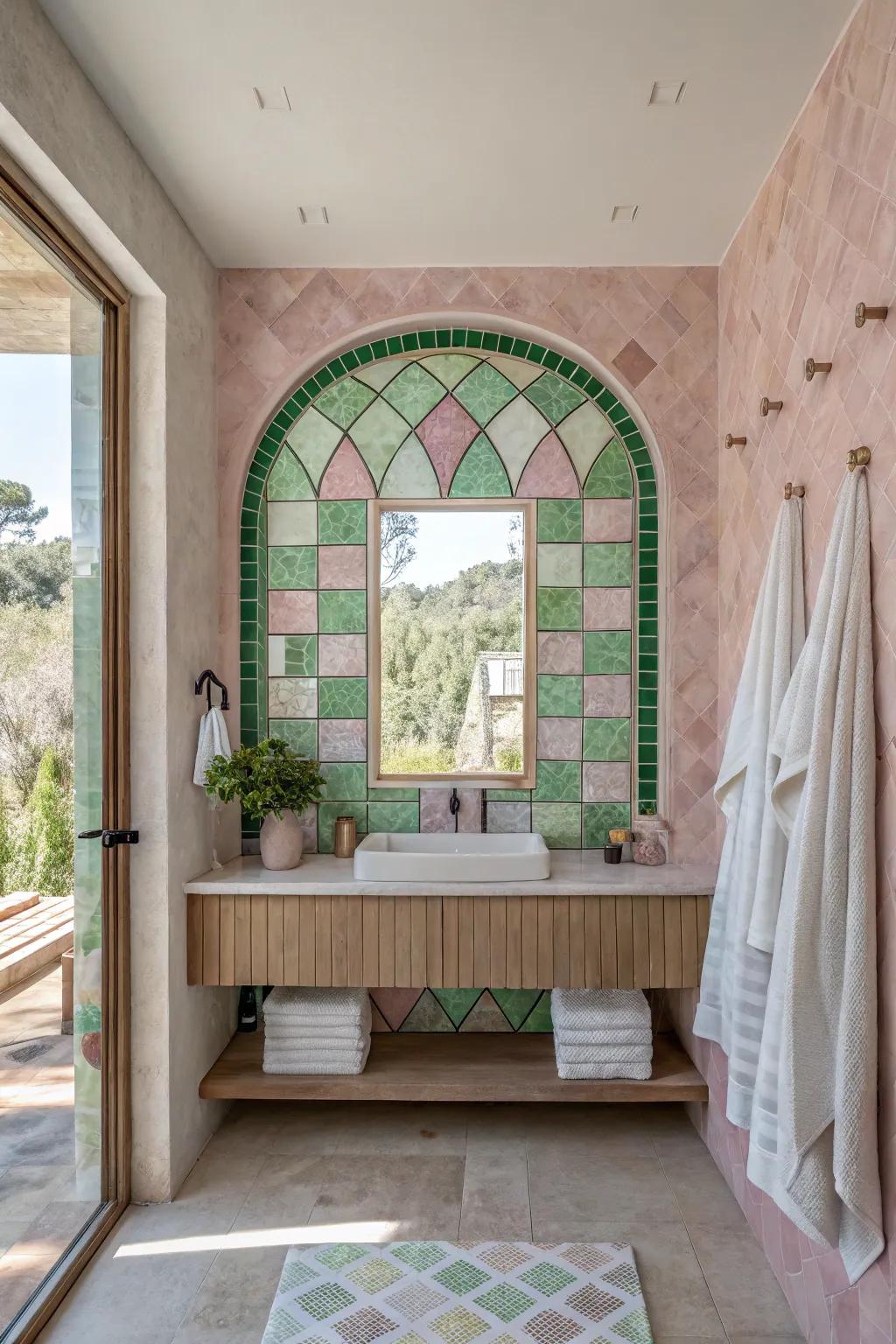 Transform your shower with a mosaic tile art installation in pink and green for an artistic focal point.