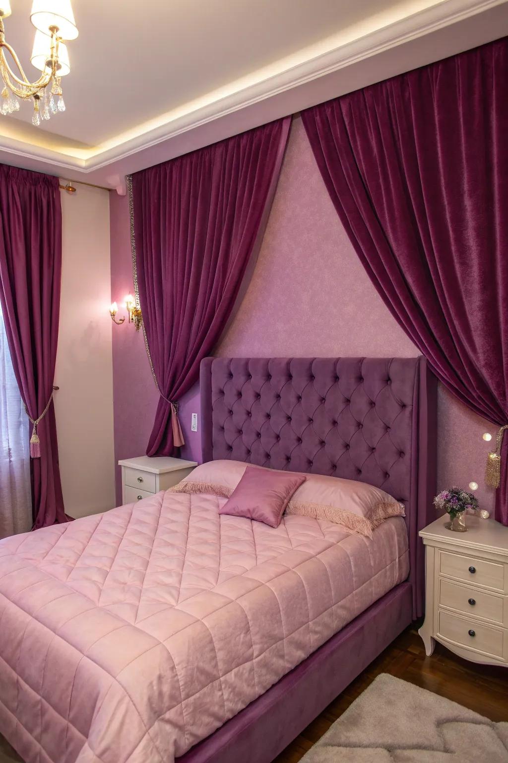 Frosted pink and purple velvet exude chic luxury in your personal oasis.