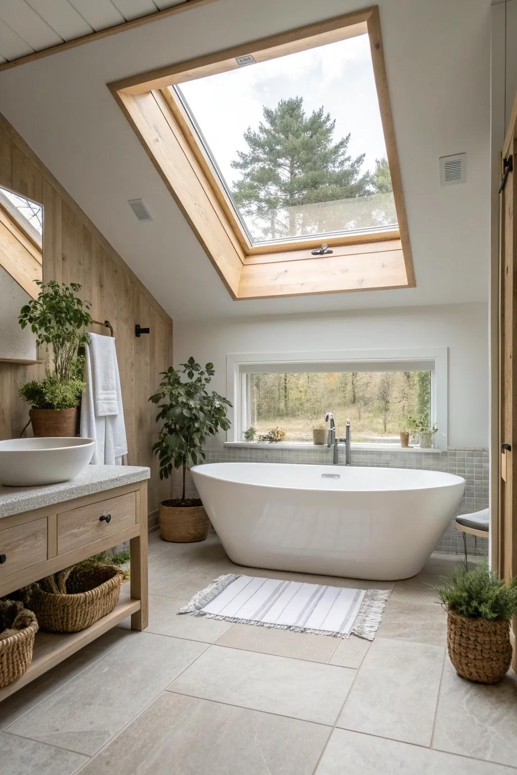 Let the light in with a skylight that opens up your bathroom to the sky. ☀️ #Skylight #BathroomDesign
