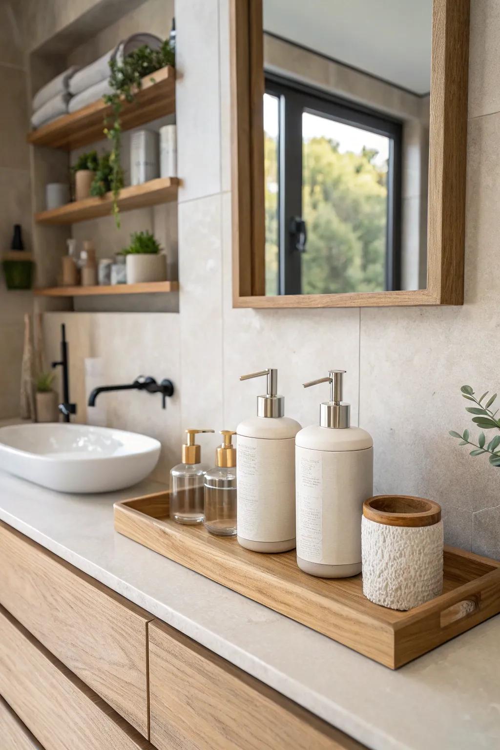 Achieve a sleek and modern bathroom with recessed soap dispensers for a clutter-free counter.
