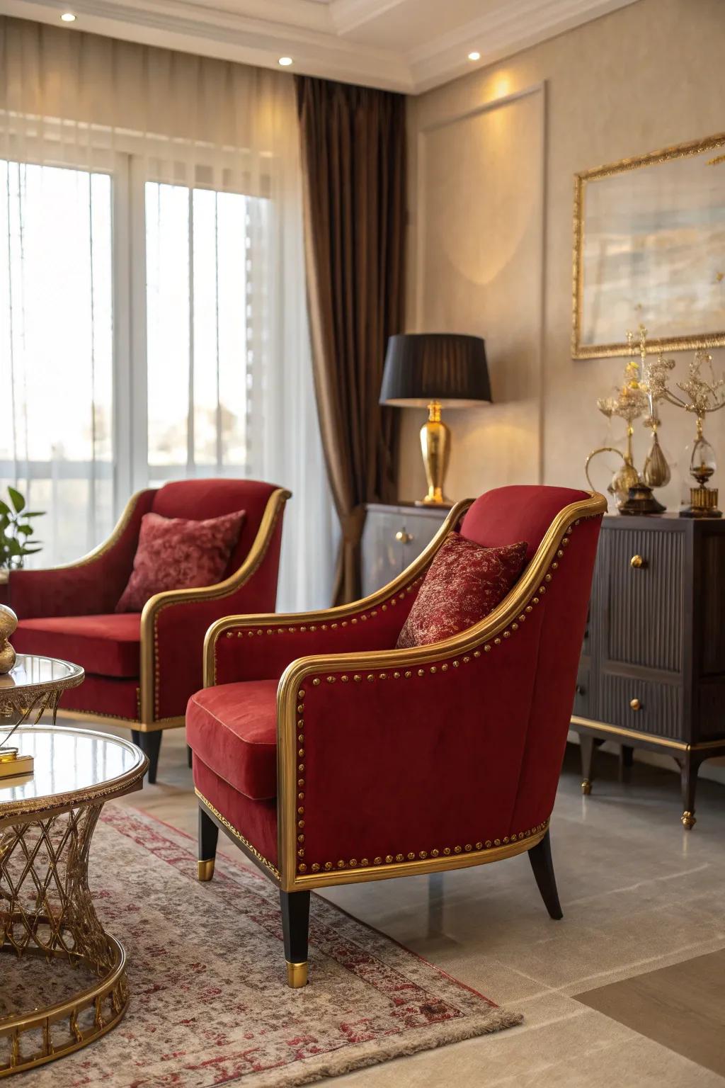 Red accent chairs add a pop of color and become stylish conversation pieces.