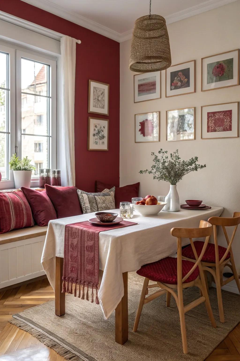 Minimalist red accents bring a modern touch to your dining room. 🎨 #Minimalism #InteriorDesign