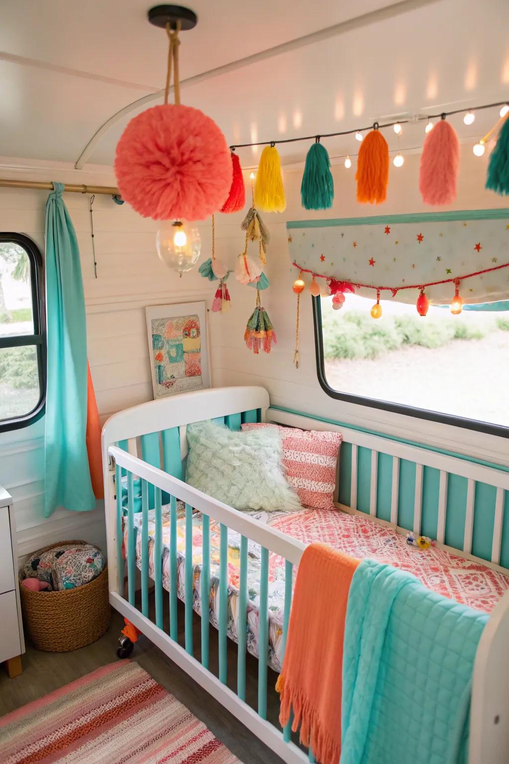 Set a serene mood with gentle lighting in your RV nursery.