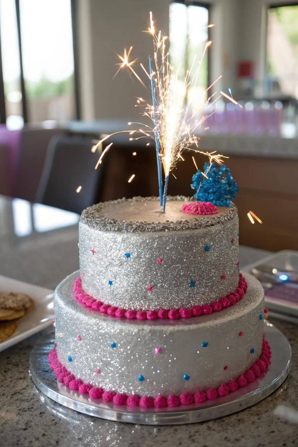 A shimmering cake that sparkles with silver dust and glitter.