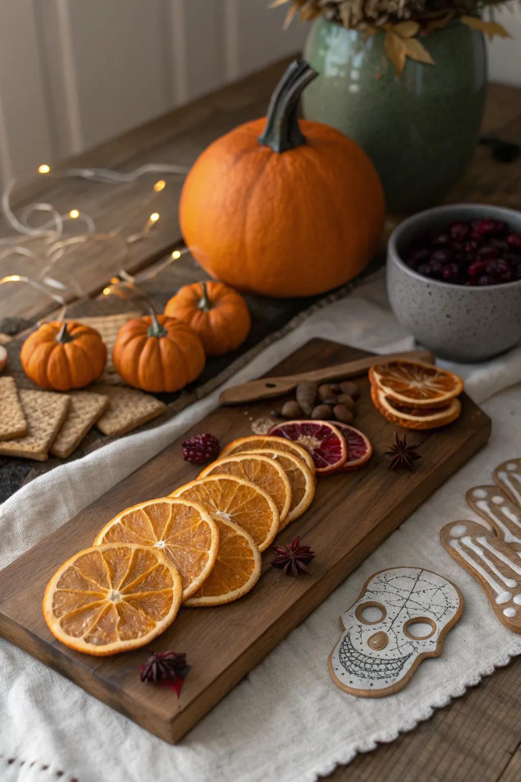 Dried orange slices add a rustic and flavorful touch to your charcuterie board.
