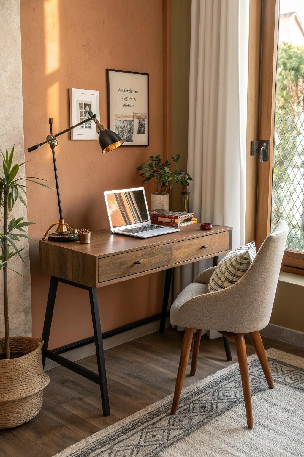 Blend style and functionality with a floating corner desk that optimizes space.