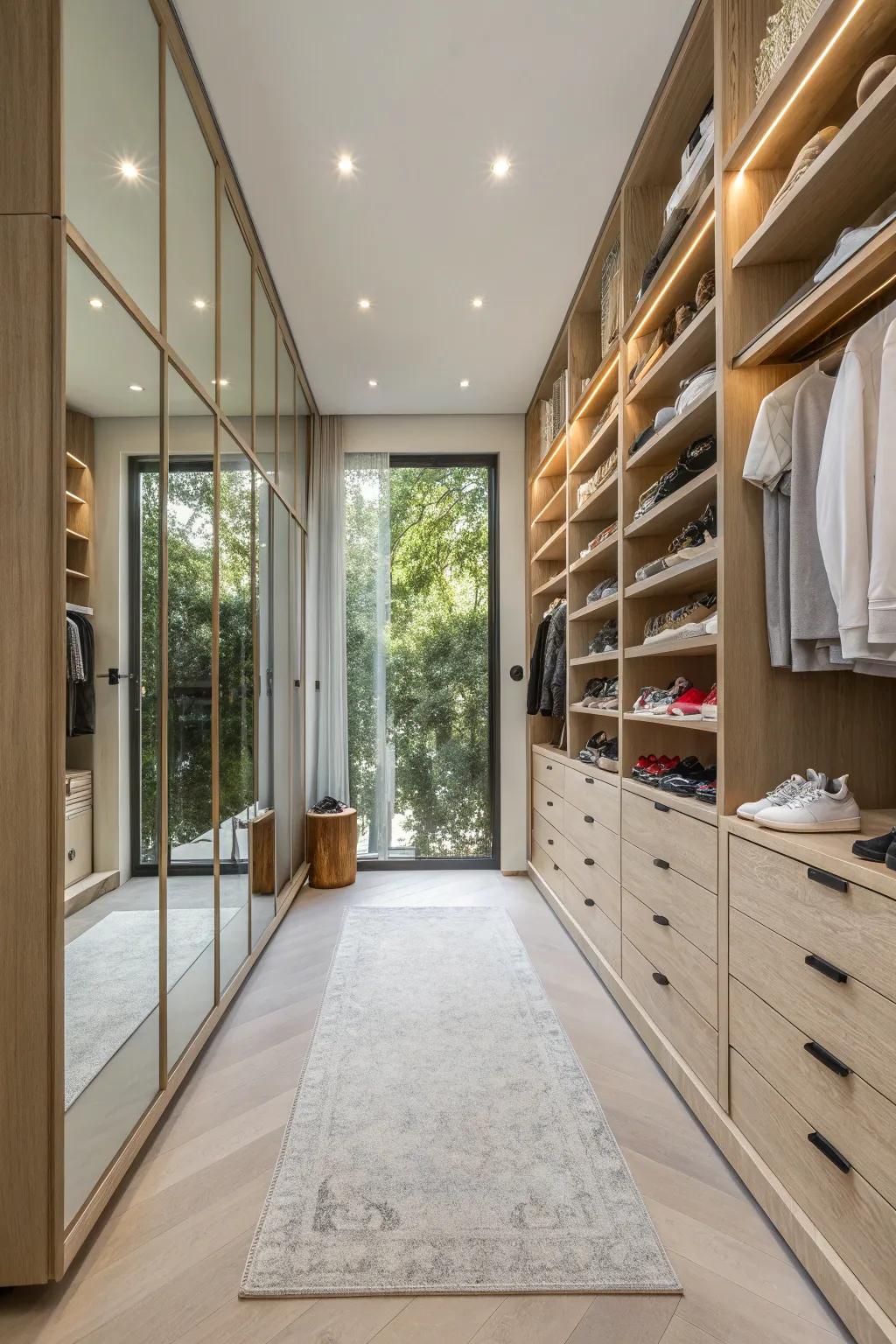 Add depth and light to your sneaker closet with mirrored backdrops. #MirroredDesign #LightEnhancement