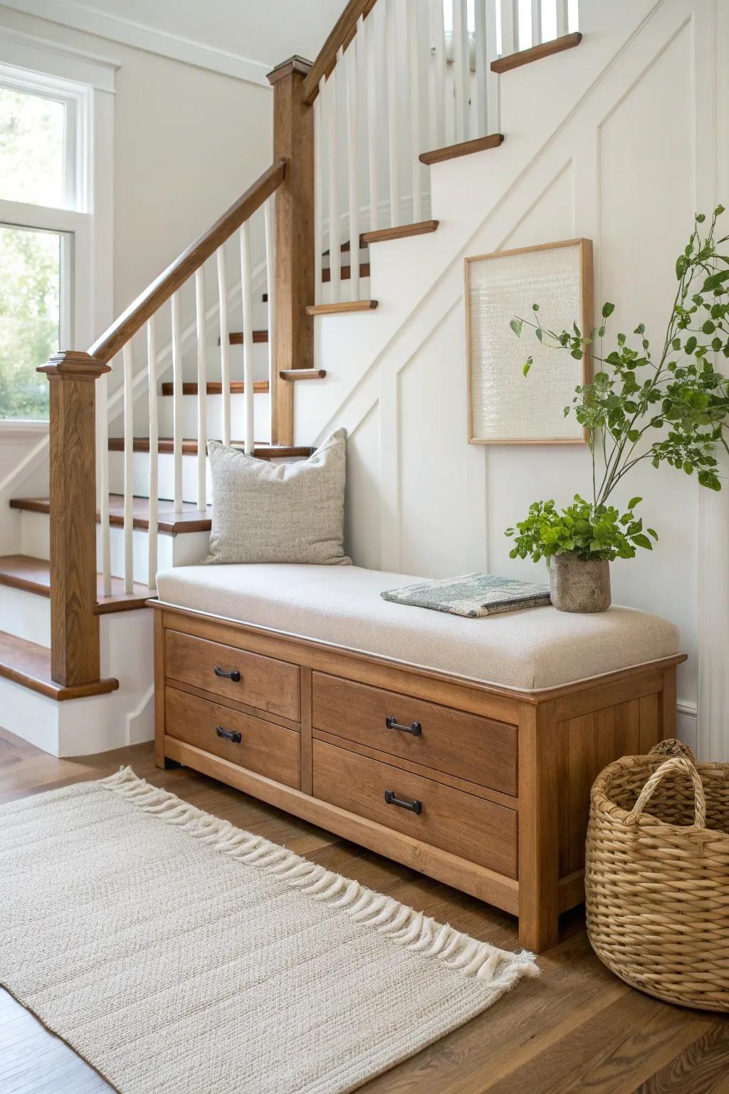 Optimize your stair landing with functional furniture that looks great.