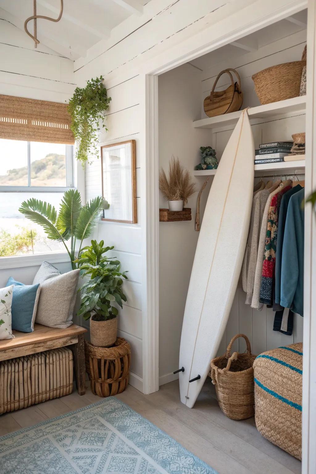 Utilize every inch of your home by turning nooks into charming surfboard storage areas.