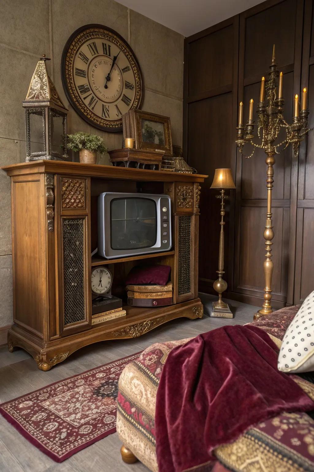 Vintage elegance adds nostalgia and warmth to your TV nook. 🕰️ #VintageCharm #ElegantDesign