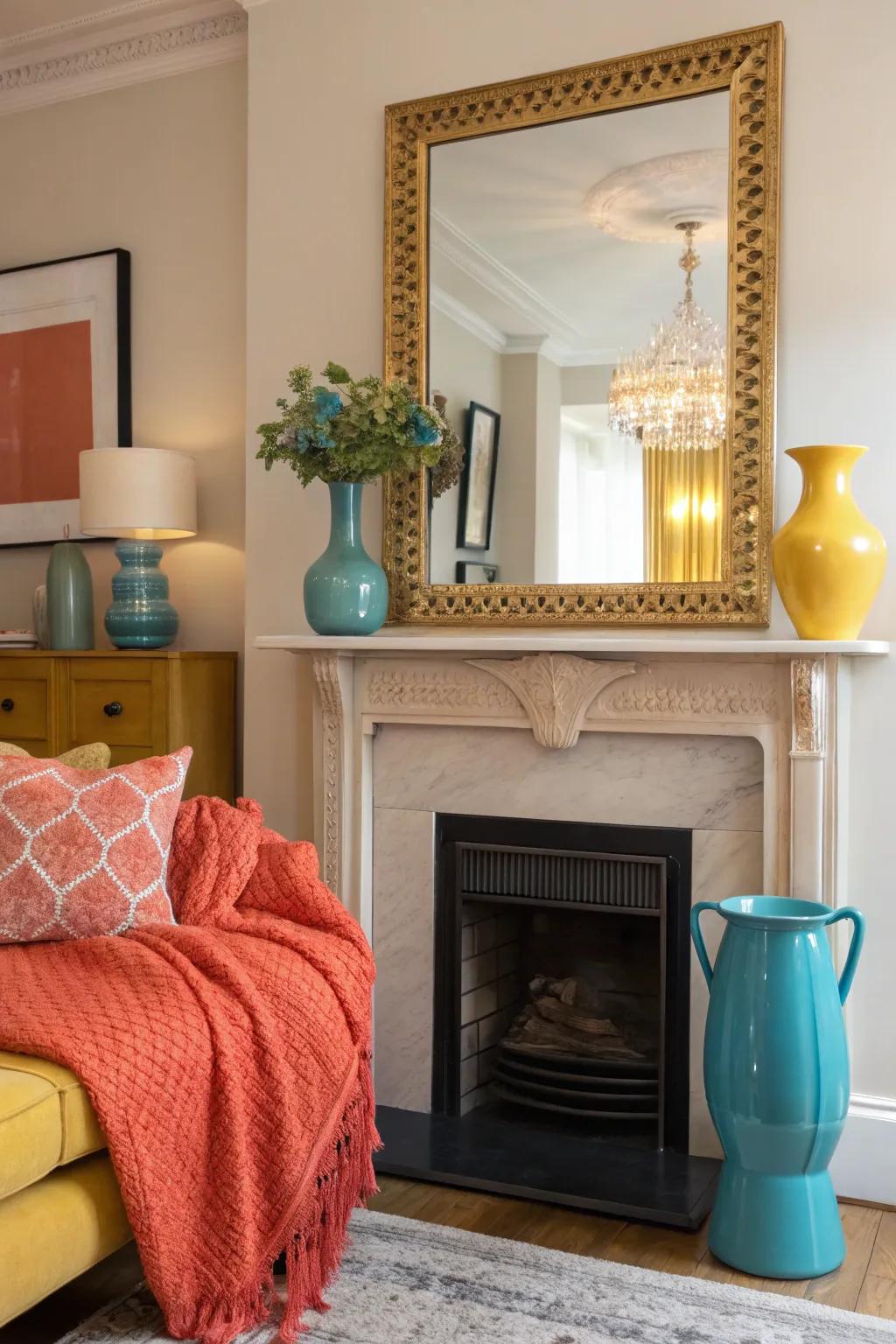 Brighten and expand your space with mirror magic over the fireplace. #ReflectiveDesign #InteriorTricks