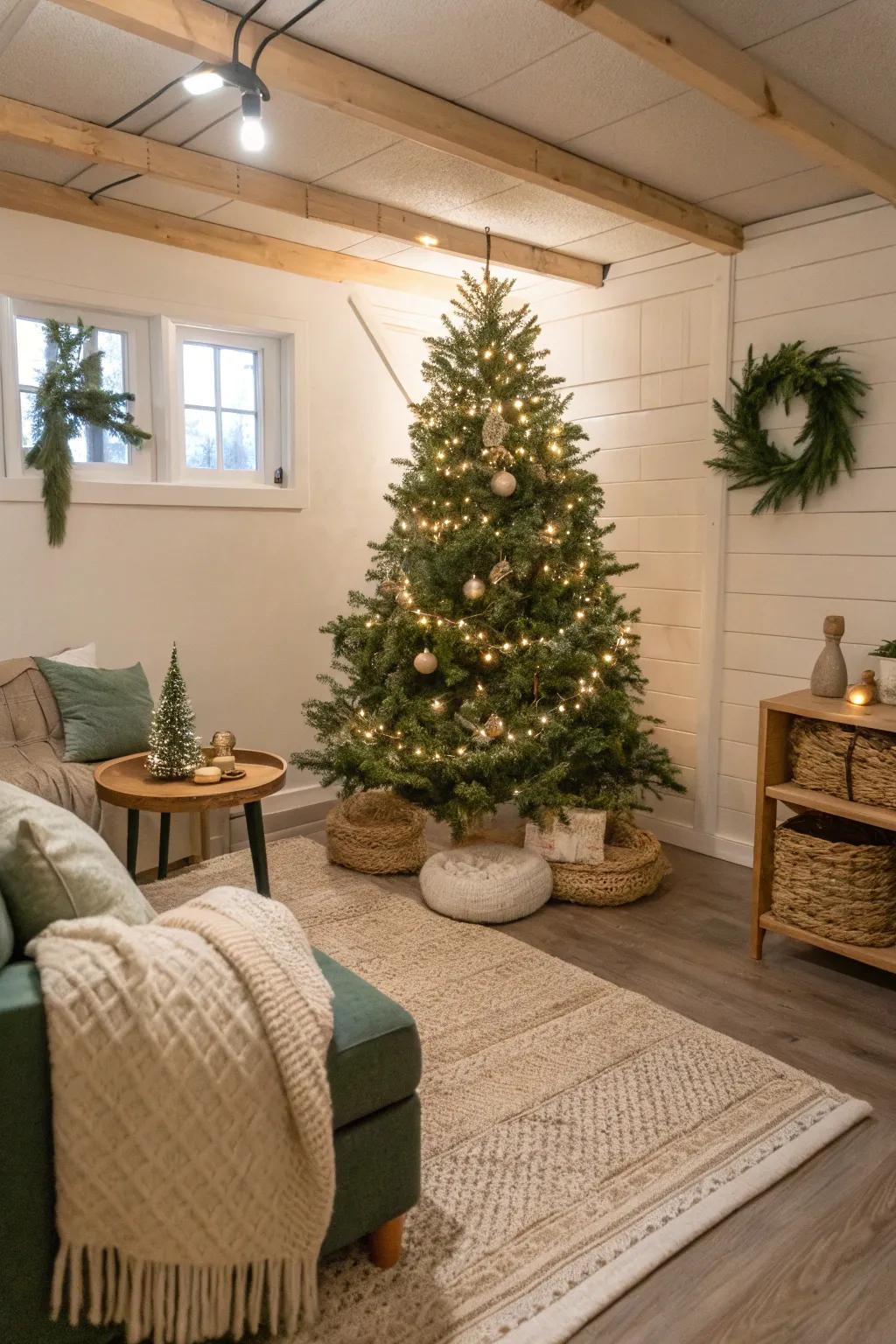 Transform your basement into a festive retreat with a touch of holiday magic.
