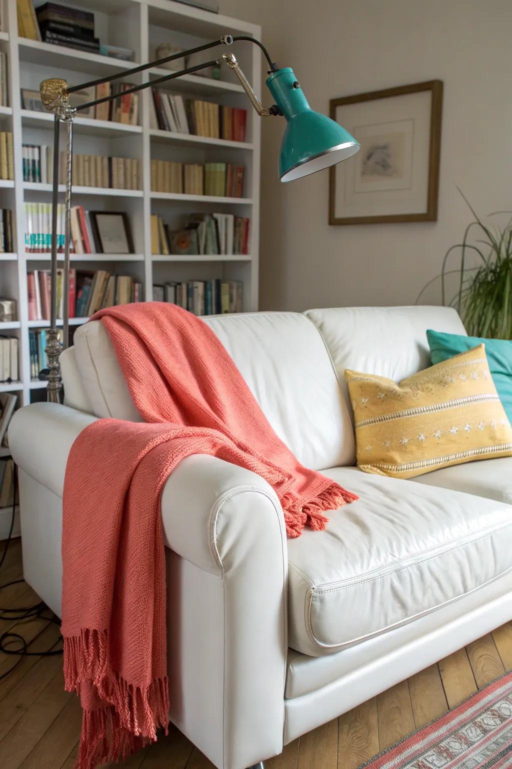 A cozy reading nook invites relaxation and literary escape on a white leather sofa.